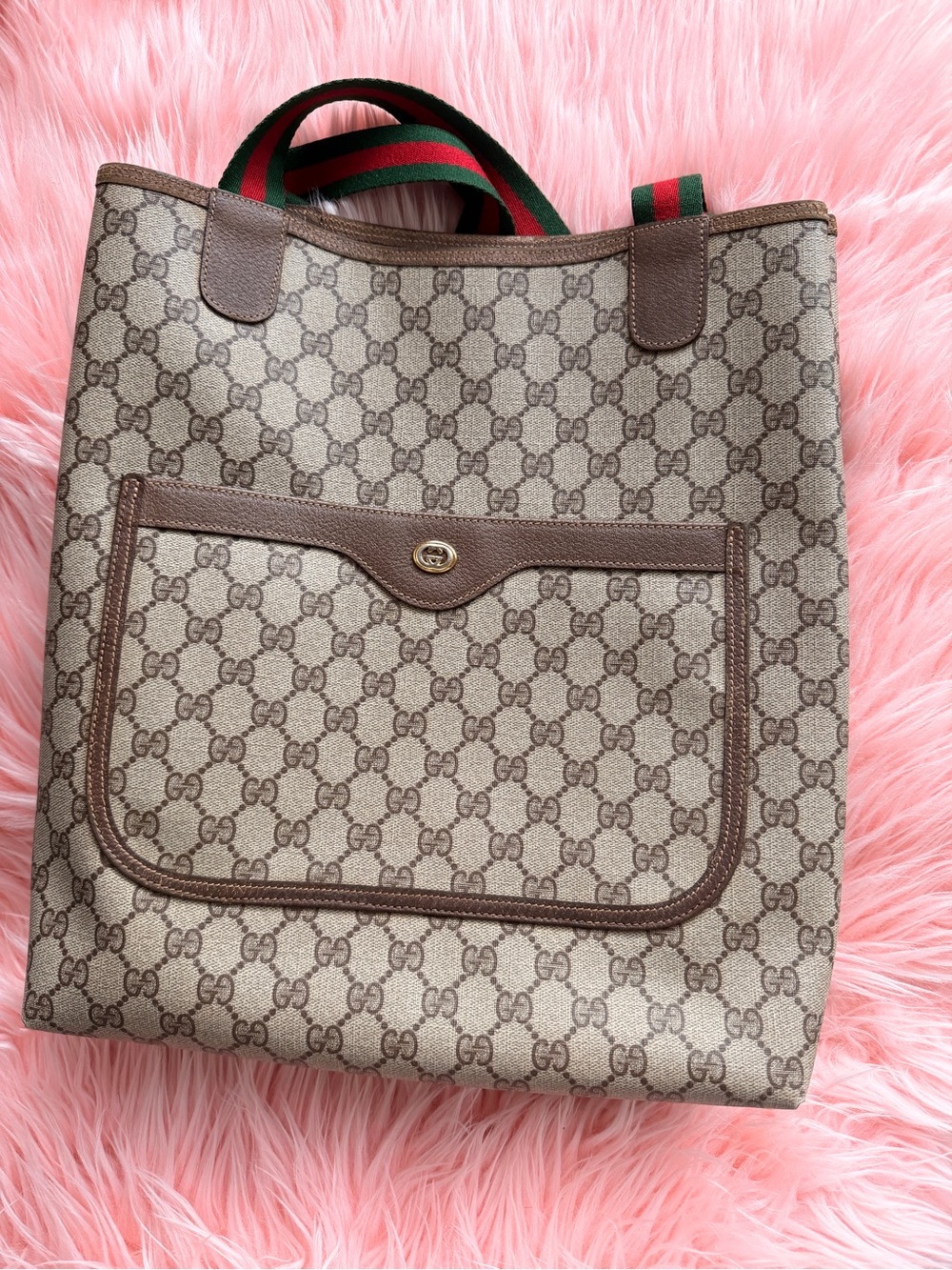 Gucci Beige GG Supreme Tote with Brown Leather Trim and Green-Red Webbing